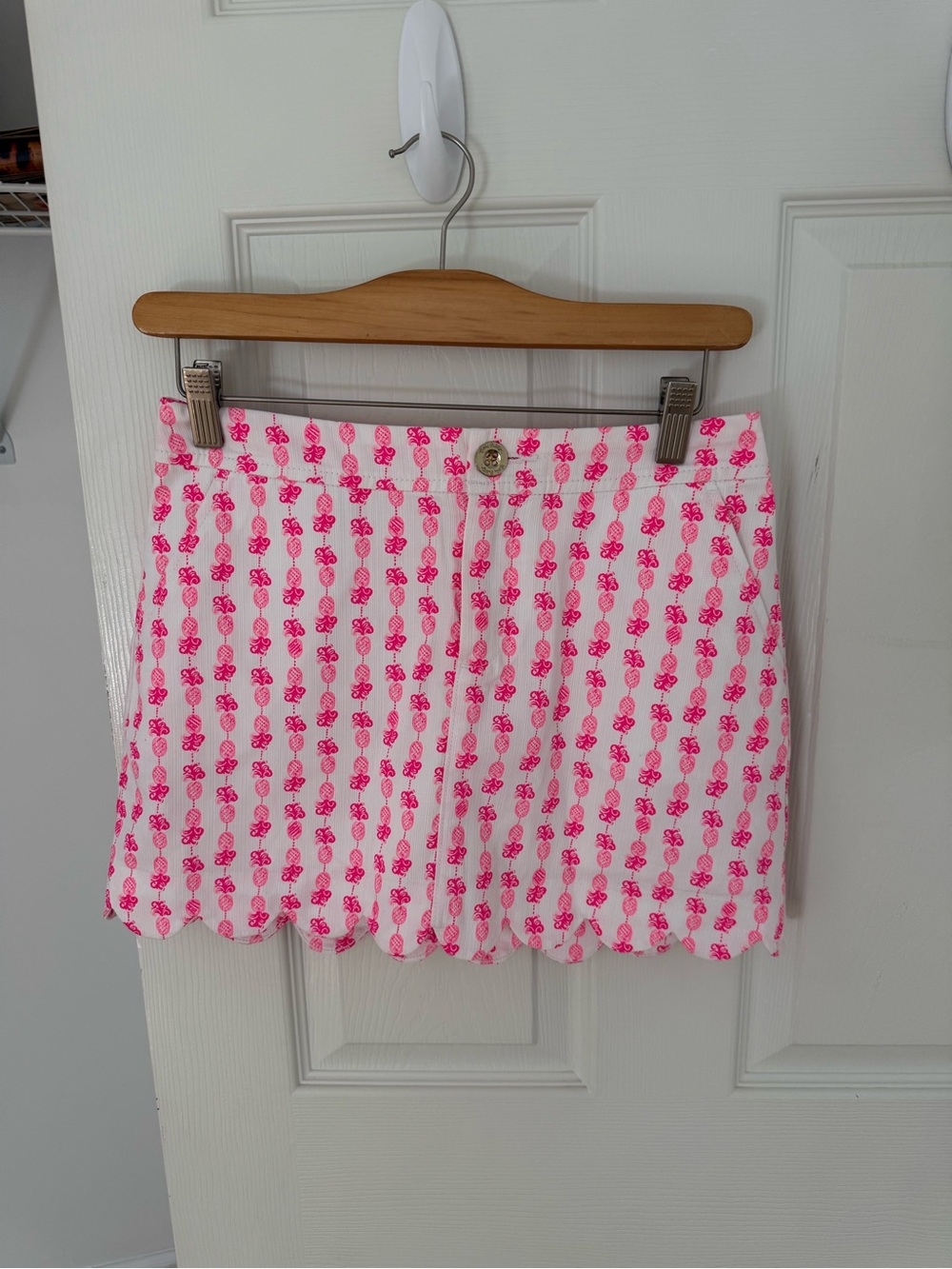 Lilly Pulitzer White Mini Skirt with Neon Pink Floral Stripe and Scalloped Hem